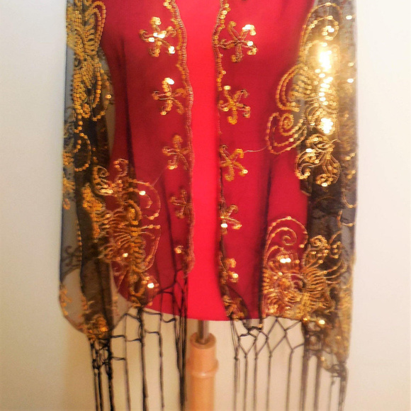 Shawl Sequin Lace Black Gold Sheer Long Fringe Special Occasion Evening Wrap - Picture 5 of 5